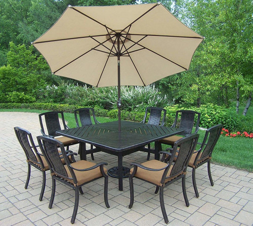 Oakland Living Vanguard 11 Piece Dining Set with Cushions and Umbrella