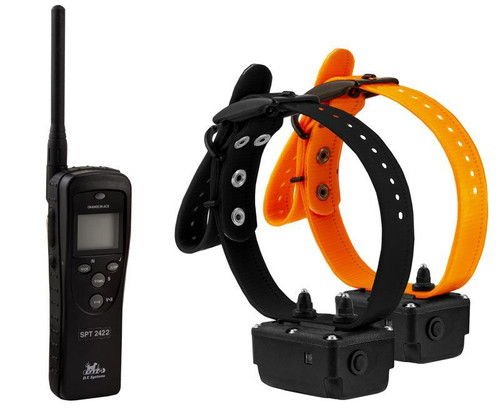 The SPT 2422 remote trainer for two dogs comes with Nick Stimulation, Continuous Stimulation, Positive Vibration, and our new Jump Stimulation and Rise Stimulation features. This unit has a 2400 yard (1.3 mile) range and 50 levels of stimulation. The completely waterproof transmitter has an LCD display. The collar units are waterproof as well.

Features

2400-yard (1.3 miles) range
50 Levels of Intensity adjusted from the Transmitter
"Basic Obedience Training" booklet by George Hickox
LCD Screen on Transmitter
Digital Technology to Maximize Power
Maxx-Range Internal Collar Antenna System
Gentle Touch System Extra Mild Stimulation
Built-In Safety Shut-Off
Rechargeable Ni-MH Battery System
Completely Waterproof Transmitters and Collars
Positive Vibration, Jump, and Rise Stimulations on all models

Introducing the all new, ground-breaking SPT 2400 series remote dog trainer by D.T. Systems! The new SPT 2400 series was designed in collaboration with top professional trainers around the world with a focus on rugged reliability, ease of use, and new training features such as our Jump and Rise training aids.