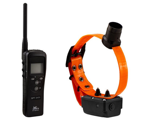 The SPT 2430 has a completely waterproof and rechargeable (Ni-MH batteries) transmitter and collar unit, an easy-to-read LCD screen with a low battery indicator, and a 2400 yard (1.3 mile) range. Also included on the SPT 2430 are the Jump, Rise, Nick, and Continuous Stimulations, Vibration, and a beeper/trainer.
