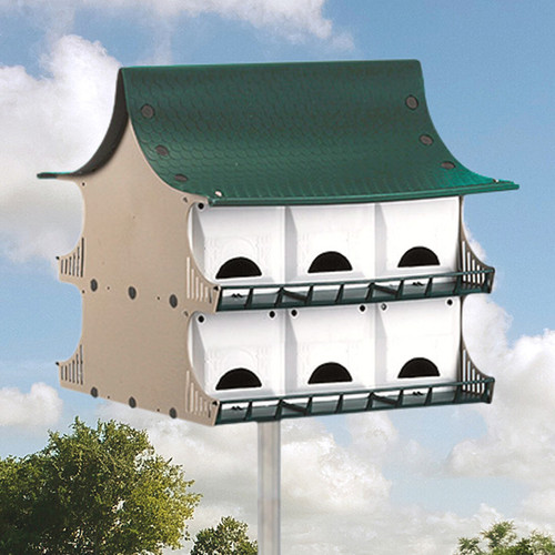 S&K Purple Martin House, 12 Room
House a host of purple martin families in your backyard with this amazing S&K Purple Martin House.
Fantastic shelter lets you host multiple purple martin families in your yard.
Two-story dwelling sports green, tan, and white coloration while populating your bird garden.
Each room measures 6" x 6" x 6" to shelter nesting families.
Adjust rooms to measure 6" x 6" x 12" in order to cut down on rooms while expanding the space of each.
Landing and take-off rails on each floor give martins abundant perching area.
Ventilated door panels and crescent-shaped, starling-resistant entrances create a comfortable, well-protected shelter.
Crescent-shaped entries can be converted to round entry holes for a traditional setup.
Plastic pieces snap together with plastic screws for easy installation.
Triangular telescoping pole (not included) goes through the center of the home for stability.
Assembly required.
Made in the USA.