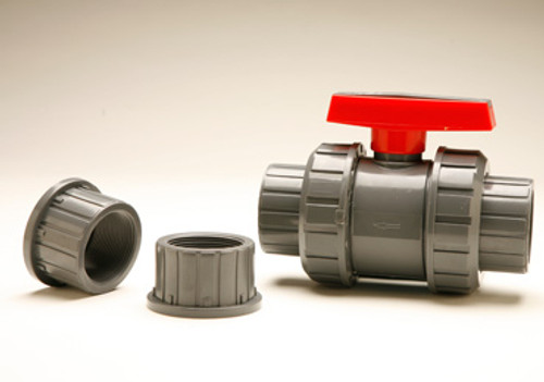 Ball Valve and Union combined! 

Gray color. 
Has thread and slip fittings for both ends.  
Use ONE fitting instead of TWO!
Color: 
Gray Socket & Threaded End-Connectors 
Included Sizes 1-1/4” – 1-1/2” - 2" 
Suitable For Schedule 40 & 80 Pipe 
Rated at 150 PSI @ 73° F 
EPDM O-Rings
Full Port Valve Valve Disassembles To Easily Replace and Clean Internals