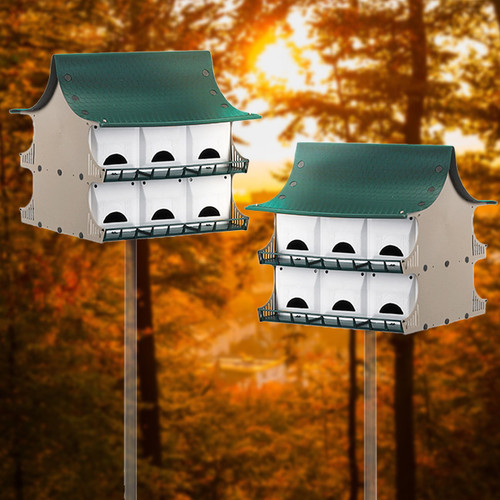 House a bevy of purple martin families in your own backyard with these amazing S&K Dual Purple Martin Houses with Expandable Option.

Fantastic shelters allow you to host multiple purple martin families in your yard.
Two-story dwellings each sport green, tan, and white coloration while populating your backyard garden.
Each room naturally measures 6" x 6" x 6" to capably host nesting families.
With a few alterations, combine this pair of homes for a larger structure to create a single, 24-compartment shelter.
Landing and take-off rails on each floor give martins abundant areas to perch.
Ventilated door panels and crescent-shaped, starling-resistant entrances create a comfortable, well-protected pair of shelters.
Crescent-shaped entries can be converted to round entry holes for traditional openings.
Plastic pieces snap together with plastic screws for easy installation.
Triangular telescoping pole (not included) goes through the center of the homes for stability.
Assembly required.
Made in the USA.
Note: This case pack contains 2 of the S&K Purple Martin Houses. Your purchase supports Scenic Rivers Industries, a workshop that provides dignified employment for people with disabilities.



Openings: 3"L x 1.125"H each
Apartment Size: 6"L x 6"W x 6"H each
Dimensions: 21"L x 20"W x 21"H each
Mounting: pole mount
Construction: plastic