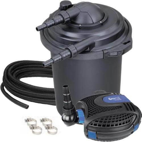 The ECK13U Eco-Clear Complete Pond Filtration System contains: EC1300U Eco-Clear Pressurized Filter, EPS1300 Eco-Clear Submersible Pump, 10 feet of 1″ kink-free tubing and 4 clamps.

The EPS1300 Eco-Clear Submersible Pond Pump offers maximum power and energy efficiency. This powerful asynchronous mag drive pump is housed in a durable housing that protects it from debris. There are five Eco-Clear pump models to choose from with a range of flows from 1400 to 4850 gallons per hour. These pumps are perfect for pond and waterfall applications.

Permanent magnet motor for high efficiency and continuous duty
Epoxy sealed motors – no oil to leak out! Safe for fish.
Ceramic impeller provides high wear resistance and long life – designed for passing debris up to 3/8″ diameter
Adjustable direction outlet includes 1″, 1 1/4″ or 1 1/2″ step barb fitting and 1 1/2″ adaptor for PVC connection (use with rubber coupling)
30′ power cord for flexibility in pond positioning
Convenient handle built into the outer housing
2″ straight outlet for higher flows
3 year warranty
The EC1300U Eco-Clear Pressurized Filter with 9 watt UV is good for ponds up to 1300 gallons or 650 gallons with fish. EasyPro Eco-Clear Pressure Filters provide excellent, dual filtration and UV clarification for ponds. Ideal for preformed ponds and small water features that need effective filtration.

Sturdy filter housings – can be buried up to cleaning ring for easy concealment
Dual filtration – filter pads collect solid debris while bio-media provides excellent biological filtration
Built-in UV for crystal clear water
16′ power cord
Filters are easy to disassemble and clean, making maintenance a snap!
Multi step connectors – inlet/outlet fittings accept a variety of tubing sizes
3 year warranty
How it Works
Dirty pond water is moved through the pump to the pressurized filter. In the filter, the water is pushed through multiple densities of foam filters and cleaned of solid debris and then pushed through bio-media for excellent biological filtration. The water is then exposed to high-intensity UV lights that destroy algae cells, eliminating green water. Cleaned water is returned to your pond.

