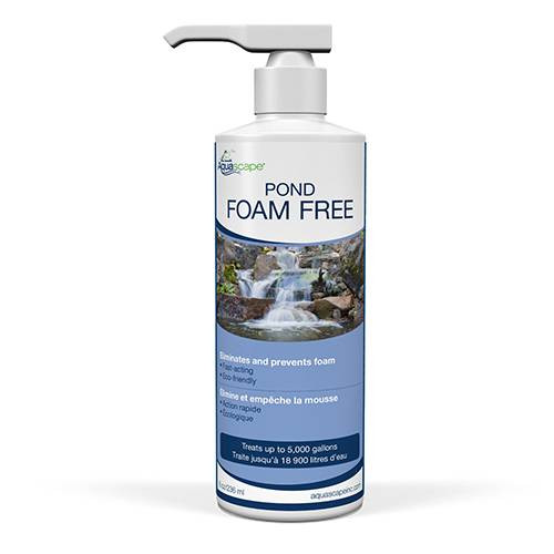 Aquascape Foam Free will eliminate the foam that will often build up near waterfalls and in areas of the water feature that contain fast moving water.

Helps maintain the beauty of your pond
Helps keep water foam free and clear
Non-toxic, safe for plants and animals
1 pump treats up to 100 gal.
1 bottle treats up to 5000 gal.
Aquascape Pond Foam Free Dosage
Add to the area of the pond with the most circulation.
1 pump treats up to 100 gallons
Use as necessary, or once weekly as preventative maintenance