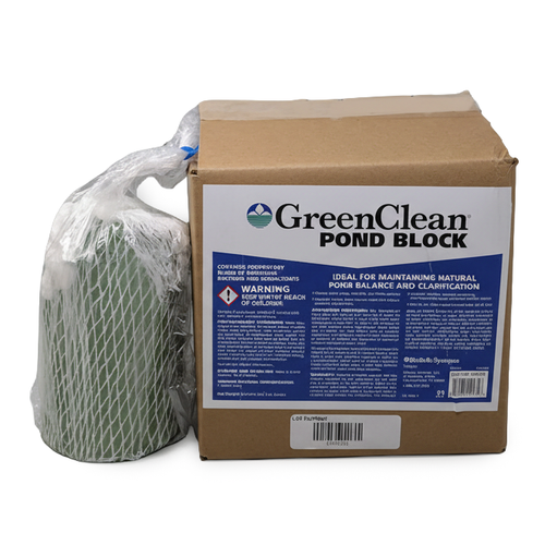 GreenClean Pond Block is a proprietary blend of naturally occurring aerobic and facultative bacterial strains and enzymes formulated to increase water quality and overall health of pond ecosystems. The high counts of beneficial bacteria packed in each block were scientifically selected and tested under actual field conditions. The bacteria are stabilized and shipped in spore form, ensuring long term stability and extended shelf life.

Non-toxic, 100% safe for all aquatic life
Reduces pond sludge, turbidity and nutrients
Naturally breaks down organic waste and reduces phosphorous
Easy to use, slow release formula lasts 30-60 days
Application Directions: One block treats up to 5 acre-feet of water for 30-60 days. Apply when water temperatures reach 50°F or higher. For best results, place or suspend blocks in areas near water movement or aeration to increase the dispersion of beneficial bacteria throughout water body. To suspend blocks and increase the mixing of the product, place block in mesh sock provided. Suspend or anchor near an aerator, fountain or other areas of water flow. 