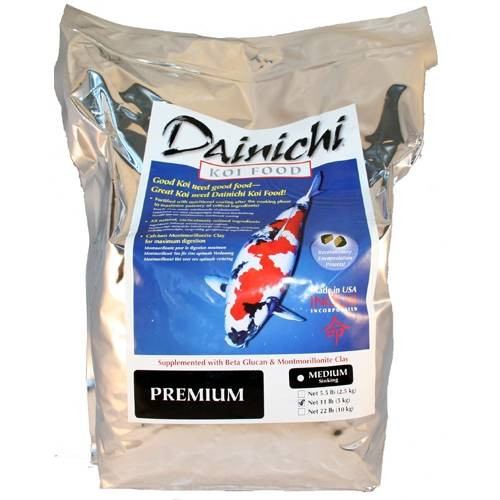 Dainichi Premium Koi Food, Medium SINKING Pellet, 11 lbs
Offering both superb and easily controlled color enhancement, Premium is packed with the highest quality of marine and vegetable proteins to double as a strong growth food. Dainichi’s standout two-step application of crucial vitamins and minerals, notably Vitamins C and E, fortifies your Koi’s vibrance, sheen, and whites, bringing out their best. Also, includes calcium montmorillonite clay, replicating the natural ingestion of mineral particles and working to contain metabolic toxins. Fortified with raw, full-strength vitamins, digestive enzymes, and garlic to bolster your Koi’s health and guard against internal parasites. 

From 60ºF +, serve your koi as much as they will eat in five minutes. Ingredient list includes white fish meal, wheat germ and flour, krill, pea protein, spirulina, brewer’s yeast, calcium montmorillonite clay, assorted vitamins and minerals, garlic, protease, and natural gum. 

Guaranteed Analysis
Crude Protein	42% min.	Crude Fat	6% min.
Crude Fiber	4% max.	Moisture	9% max.
Crude Ash	8% max.	Calcium	2% min.