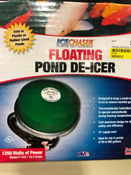 Floating Pond De-icer 1250 Watts Farm Innovators P 418
Premium Cast Aluminum Floating Pond De-Icer for Extreme Climates
Thermostatically controlled to operate only when necessary.

Floating Pond De-icer 1250 Watts Farm Innovators

The Farm Innovators Floating Pond De-Icer automatically keeps a small hole open in ponds of 50 to 600 gallons during sub-zero temperatures. Maintaining an open area in patio ponds releases harmful gases that could be harmful to fish and plants. This powerful de-icer uses 1,250 Watts and is thermostatically controlled to operate only when temperatures fall below 35 degrees Fahrenheit.
Made in the USA!

    The most durable de-icer on the market.
    Thermostatically controlled to operate only when necessary.
    Element is encased in Cast Aluminum for Durability, Safety and Efficiency.
    For use in ponds of 50 to 600 gallons. Over 600 gallons use 2 or more Ice Chasers.
    10' supply cord.
    1250 watts of power.
    Fish & plant friendly.
    SAFE IN ALL PONDS.
    Designed to keep a small hole open to release harmful gases.
    Unique Patented design.
    3 Year Manufacturer's Warranty
    Dimensions: 7.25'L. x 4.75'W