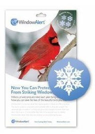 Window Alert Snowflake Decal Prevent Bird Strikes ( WINDA7)
4 different snowflake designs. Protect wild birds from windows. Millions of wild birds are killed each year flying into windows. Now you can help reduce this loss of life. Window Alert is a static-cling decal that may be applied to home and office windows. The decal contains a component which brilliantly reflects ultraviolet sunlight. This ultraviolet light is invisible to humans, but glows like a stoplight for birds. Birds have vision that is up to 12 times better than that of humans. Window Alert decals help birds see windows and thus avoid striking the glass. (4 per package). Window Alert decals may be used only on an exterior glass surface free of any overlay, tinting, film, or coating. Clean glass first with water. Avoid use of chemicals such as ammonia or window cleaners. Decals are best applied when glass is warm (ideally greater than 50 degrees). If applied during winter months, clean glass with warm water prior to application. Place decals alone or in groups every few feet on the outside of the window. Position out of reach of infants and small children. Restore static cling by rinsing in lukewarm water. UV coating may fade based on exposure and local elevation. Replace decals every 9 to 12 months.