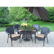 Oakland Living 7-Piece Wicker Outdoor Dining Set with Green Striped Cushions and Brown Umbrella