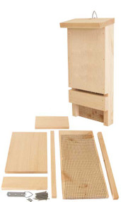 Coveside Bat House Kit, 12 bats
Build a strong bond with your child as well as a traditional bat house by assembling this Coveside Bat House Kit together. Offering bats a roosting spot can help bolster their populations, which aids in both pest control and pollination. The precut, pine panels, weather resistant screws and nails, and sturdy hanger make this a great beginner building project, honing both carpentry and fine motor skills. Once completed, the single chamber accommodates up to 12 bats, and black netting on the back panel makes it easy for them to grip it. The rough hewn pine boards also encourage gripping, and the sloped, overhanging roof directs water away from the chamber. Step by step instructions with images guide you in assembling the nest box, and an included, large hanger aids in placing it against a flat, vertical surface. For a different option, add an adapter to the item for displaying on a pole. Its pine construction celebrates nature and provides durability, and acts as a blank canvas for a child to paint or decorate. Encourage a love of all animals and nature crafts in your child with this Bat House Kit. Assembly required. Made in the USA.

Bats that use this house:
big brown, cave, eastern pipistrelle, evening, little brown, Mexican free-tailed, northern long-eared, pallid, Pallas' mastiff, Rafinesque's big-eared, southeastern, and Yuma bat
Capacity: 12 bats
Dimensions: 7.25"W x 3.5"D x 15.5"H
Mounting: tree, building, or pole mount
Construction: pine
Shipping Weight: 4 lbs