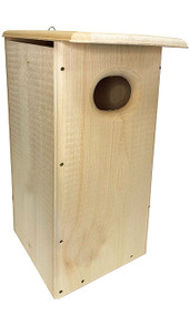 Coveside Wood Duck House
Beautiful wood ducks are sure to have a sturdy and lasting home thanks to this Coveside Wood Duck House. These waterfowl prefer a hole or cavity for nesting, but are not able to excavate their own. Offering them a manmade unit encourages them to remain in the area, and this specifically designed roost perfectly meets their nesting needs. A 4" wide and 3" tall, oval opening provides passage to small ducks, and it sits high on the deep box to discourage predation. Once installed, a slanted roof fully covers the home, protecting the interior from rain, while drainage slots on the base eradicate excess water. Ventilation slots beneath this roof prevent nestlings from overheating, while the 0.75" thick, pine construction offers additional insulation. The rough hewn wood on the interior of the abode, combined with an attached ladder on the inside front panel, make it easy for ducklings to climb out of the box when ready. For added convenience, one of the item's side panels opens in two latched sections: the top for observation and the bottom for seasonal cleaning. The included bag of wood chips is a boon for these waterfowl, assisting them in building a nest and creating a stable spot for the eggs. A metal hanger on the back of the home helps you secure it against a tree or wall, or the item may be post mounted with an adapter (not included) for placement near a lake or pond. Share outdoor space with waterfowl by placing this Coveside Wood Duck House in your lawn. Some assembly required. Made in the USA.

Opening: 4"W x 3"H
Dimensions: 15"L x 10.75"W x 24"H
Mounting: post or tree mount
Construction: pine