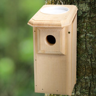 Mimic a natural cavity and encourage eastern bluebirds to roost in your area with this Coveside Open-Top Eastern Bluebird House. Adding a wooden nest box to your field or garden provides beautiful bluebirds an appropriate roosting site, and this unit has been carefully designed to mirror spots they would find naturally. A 1.5” diameter entry sits near the top of the pine frame, surrounded with a wooden block to keep squirrels and other predators out. An overhanging, downward sloping roof covers the chamber, with a 4” diameter opening here and black, 0.25” square mesh below it. Bluebirds often will nest in tree stumps or fence posts, tolerating rain and sunlight reaching the nest. Sparrows, however, tend to prefer an enclosed nesting site, so this design can often deter them from using the shelter. The top grid stops debris and predators from reaching the nest, and an included plastic cap can be added here if sparrows are not a concern. This plastic disc can also act as a dish, holding mealworms and other treats for nestlings. One side panel of this roost box lifts upward for nest checks, and a metal latch prevents it from opening accidentally. Gaps in the base corners encourage captured water to drain, while the unique design ensures the home remains nicely ventilated. The traditional, 0.25” thick, white pine boards keep the rest of the home cool in the summer, and its rough interior helps fledglings easily climb upward when ready to exit. A back hanger makes it simple to situate the home against a tree or wall, or the base can accommodate a mounting bracket (not included) for a different display. Provide nature-inspired shelter to bluebirds while deterring sparrows with this Open-Top Eastern Bluebird House. Made in the USA.

Opening: 1.5" dia.
Dimensions: 8.25"L x 6"W x 12.5"H
Mounting: wall, tree, or post mount
Construction: pine, plastic
Shipping Weight: 4 lbs