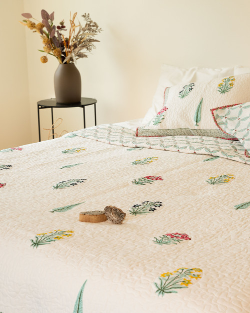 Bouquet Bliss- Hand-block printed Cotton Quilted Bedspread