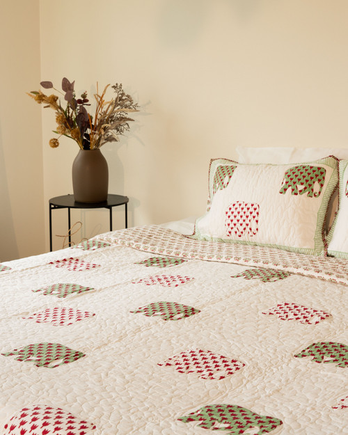 Enigmatic Elephants- Hand-block printed Cotton Quilted Bedspread