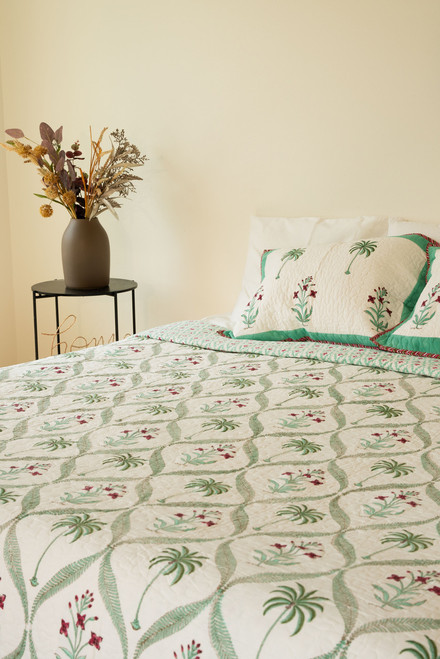 Island Retreat- Hand-block printed Cotton Quilted Bedspread