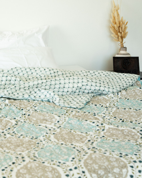 Whimsical Damask- Hand-block printed Double-bed Quilt