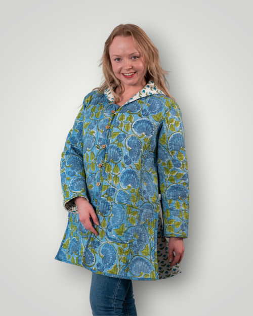 Luxury quilted reversible jacket with hood - Deep Blue Dahlia and Gentle Greenery