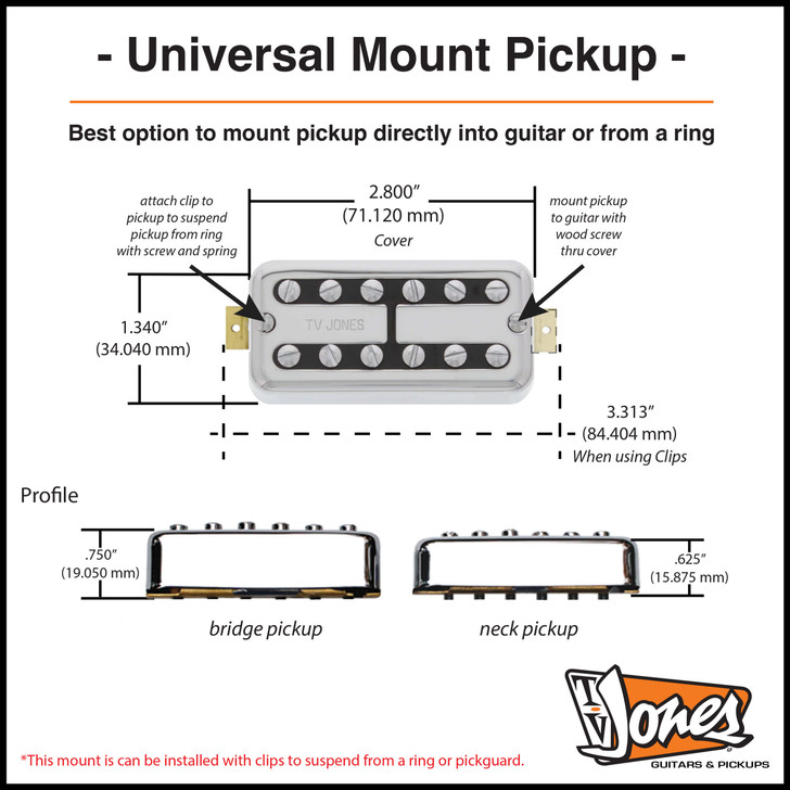 TV Jones Universal Mount Guitar Pickup Dimensions