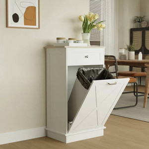 Trash Can Cabinet in White Wood Finish - Accommodates 10-Gallon Trash Bin Q280-WAMWLCT729581753