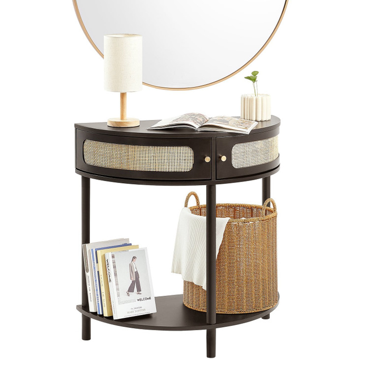 Half-moon Rattan Console Table with 2 Drawers, Rattan Entryway Table with Natural Rattan Sliding D E415-TBXGZ2CHSBYX7KG28V0
