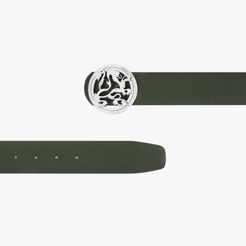 Olive green belt in deerskin, Lion buckle, width 40mm