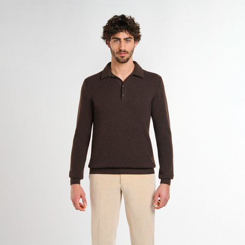 Brown buttoned polo shirt, "Micro Knitting" jacquard weave, crocodile detail