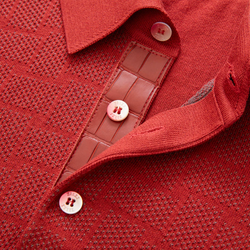 Rust colour buttoned polo shirt, "Intersection" jacquard weave, crocodile detail