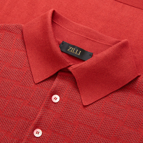 Rust colour buttoned polo shirt, "Intersection" jacquard weave, crocodile detail