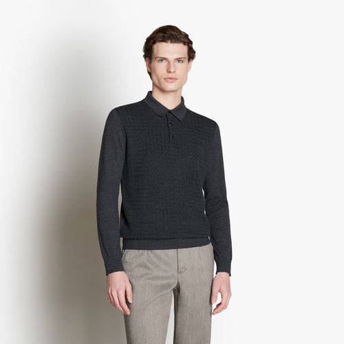 Dark charcoal buttoned polo shirt, "Radial Squares" jacquard