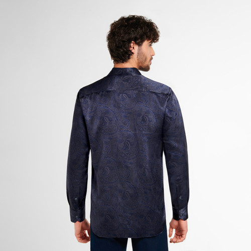Slate grey shirt, blue paisley print