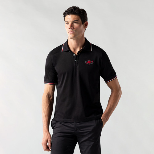 Black buttoned polo shirt, "Micro Extravegas" embroidery
