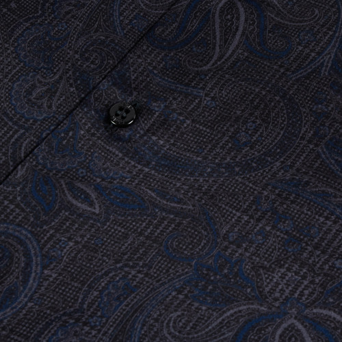Charcoal grey shirt, blue paisley print