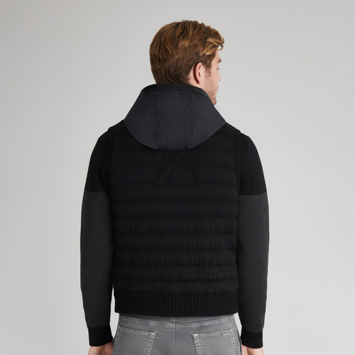 Black sleeveless hooded vest, charcoal grey color-block
