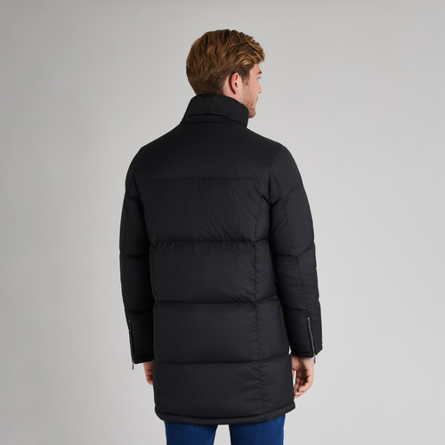 Black long padded coat, high collar