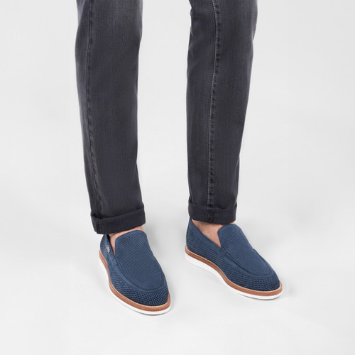 Denim blue loafers in perforated suede calfskin