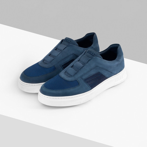 Navy-blue sneakers in suede calfskin, weaved calfskin and technical fabric