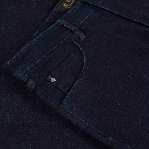 Navy jeans, "Griffon" embroidery with suede calfskin inlay