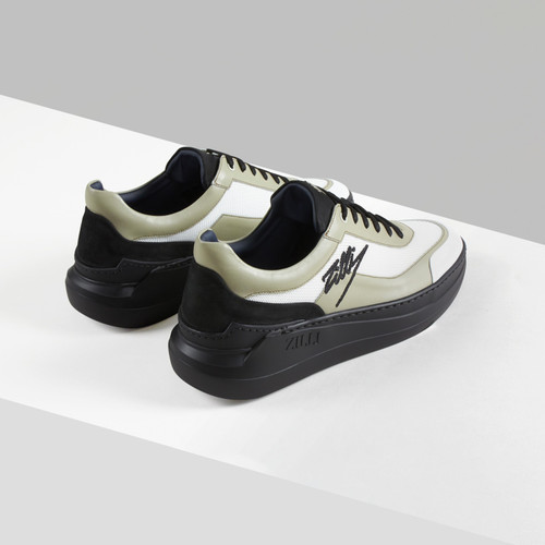 Bay leaf, cream and black sneakers in calfskin, technical fabric and suede calfskin