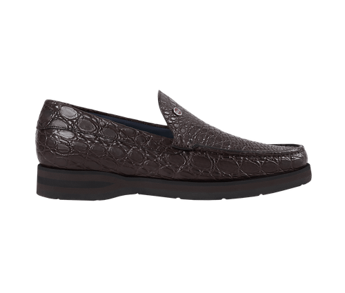Mahogany brown moccasins in crocodile
