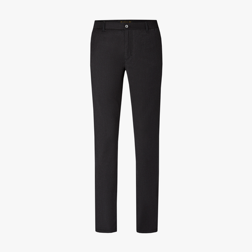 Charcoal grey trousers, elastic waistband, houndstooth patterned patch