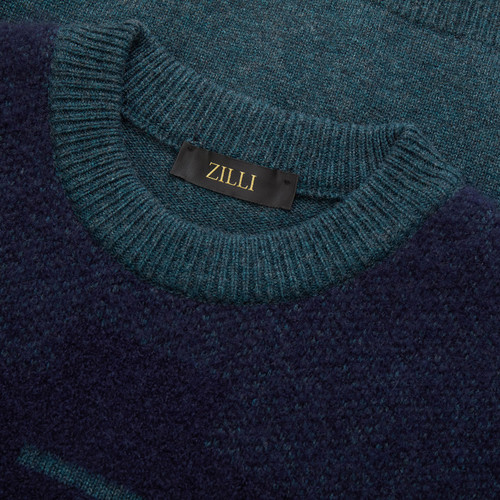 Sage green and blue rounded collar sweater, jacquard weave "Staggered square"