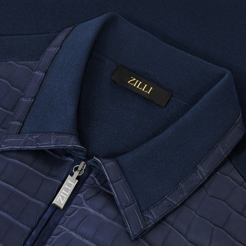 Navy blue zipped cardigan, suede calfskin and crocodile details