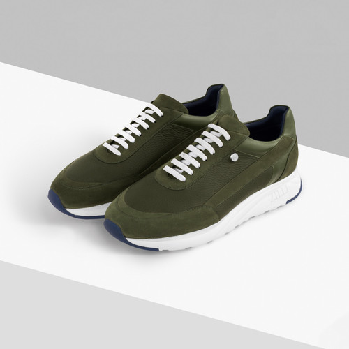 Olive-green run sneakers in deerskin, suede calfskin and calfskin