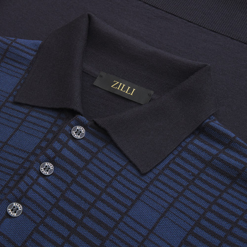 Dark Navy buttoned polo, jacquard "Squares" weave