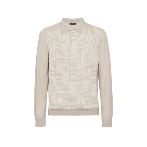 Blond fawn buttoned polo, jacquard "Squares" weave