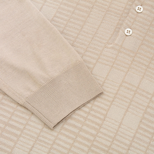 Blond fawn buttoned polo, jacquard "Squares" weave