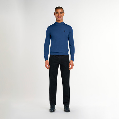 Deep sea blue funnel neck sweater, "Micro Griffon" embroidery