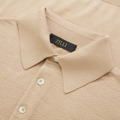 Sand-coloured buttoned polo shirt, "Intersection" jacquard weave, crocodile detail