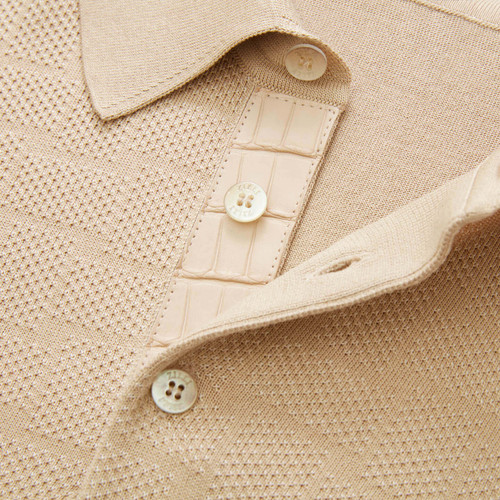Sand-coloured buttoned polo shirt, "Intersection" jacquard weave, crocodile detail