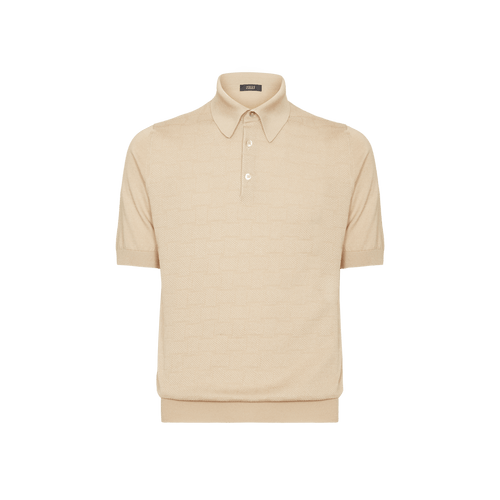 Sand-coloured buttoned polo shirt, "Intersection" jacquard weave, crocodile detail